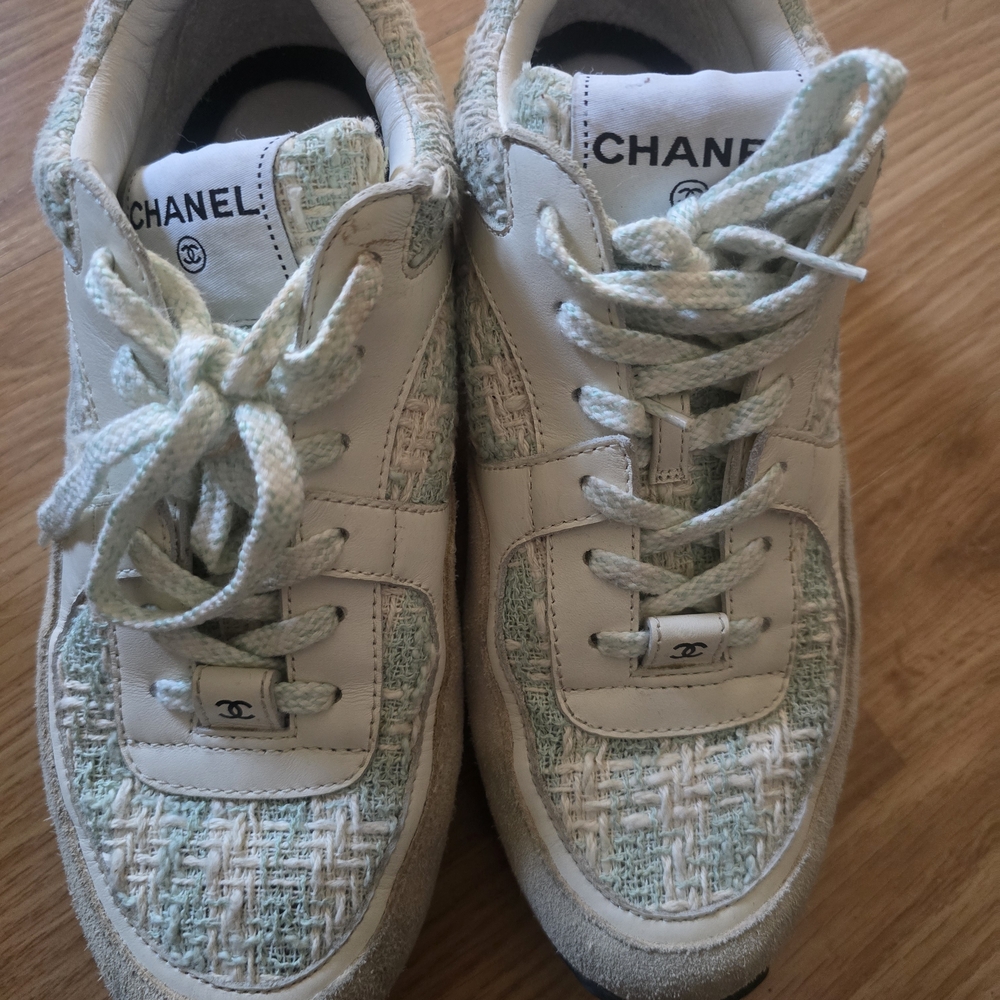 Chanel Mint and White Tweed Sneakers